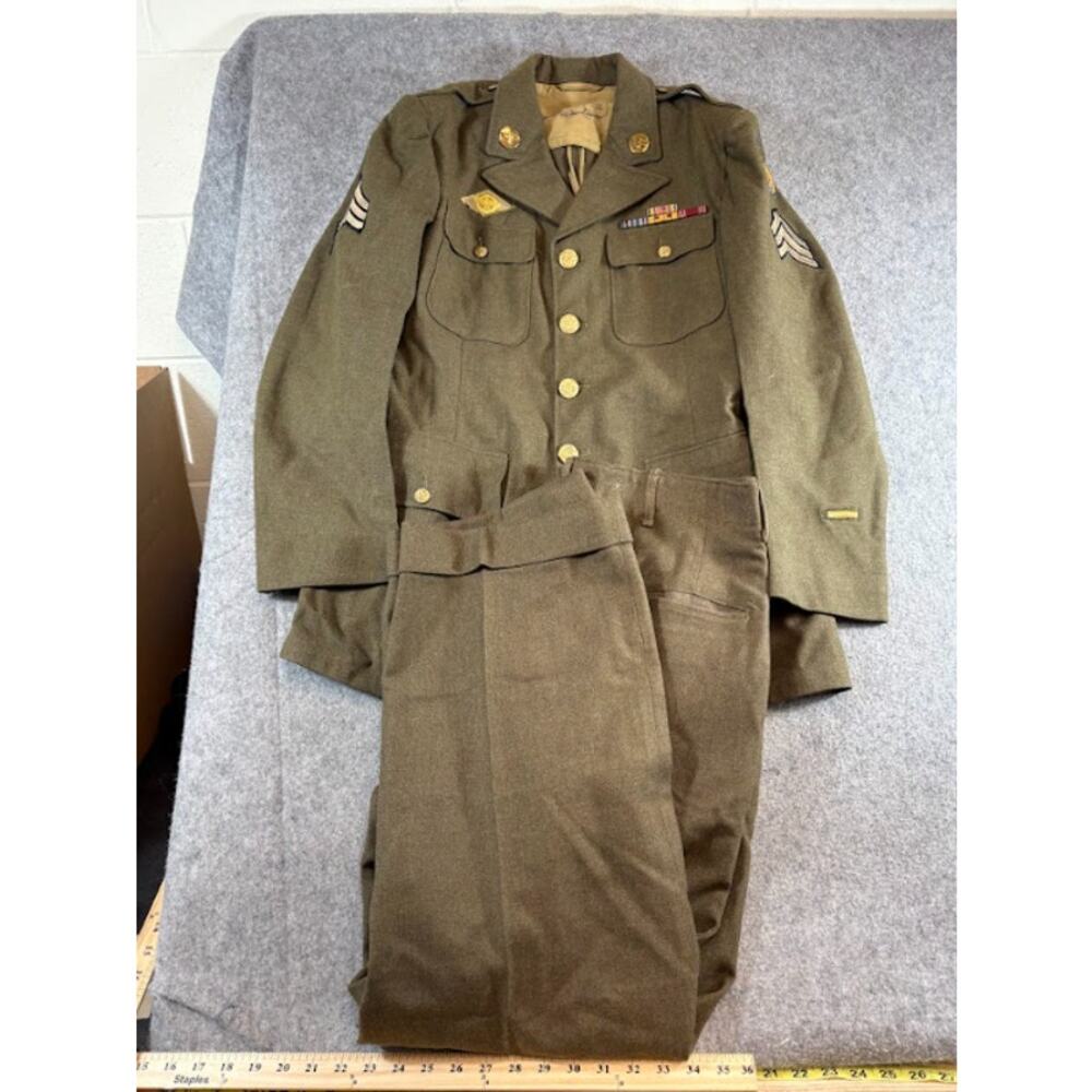VTG WWII US Army Wool Dress Uniform Set Jacket 39R Pants 36x33 Patches Military